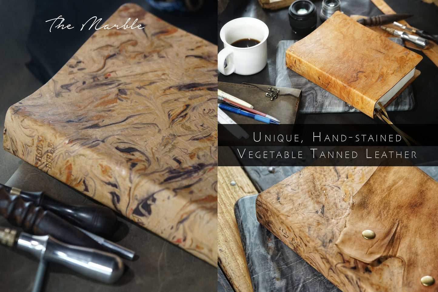 CUSTOM Most Unique Bible! - Hand Stained Full Grain Veg Tan leather Bible Rebind - The Marble Design, Gold, Saddle Tan, Mahogany Stain