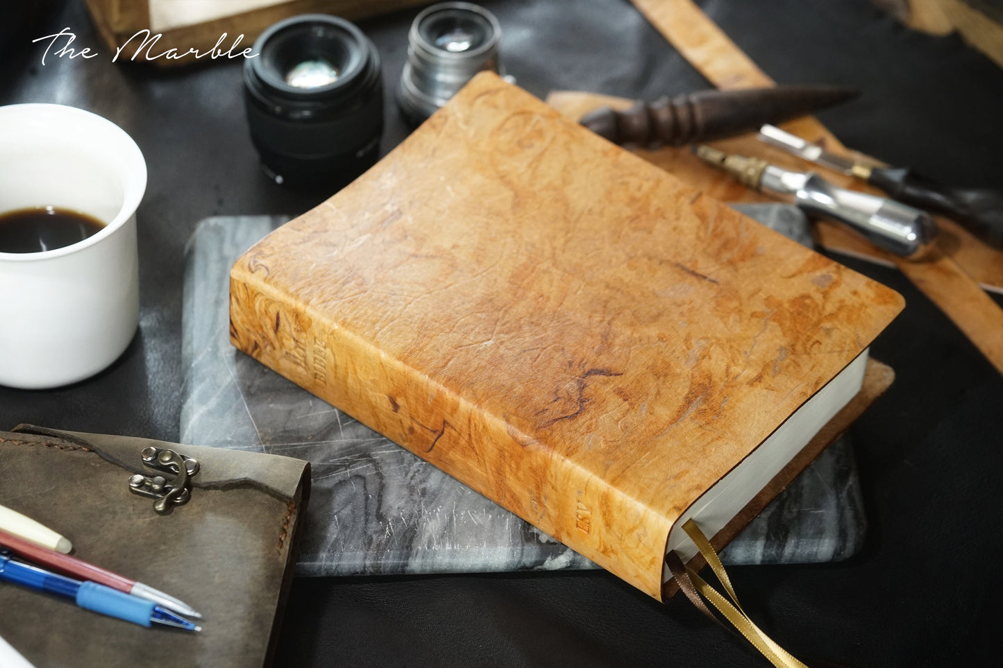 CUSTOM Most Unique Bible! - Hand Stained Full Grain Veg Tan leather Bible Rebind - The Marble Design, Gold, Saddle Tan, Mahogany Stain