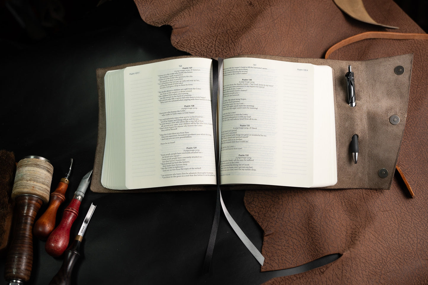 Wide Margin Common English Journaling Bible (CEB) Rebound in Thick Full Grain Leather - With Pen loop in cover!